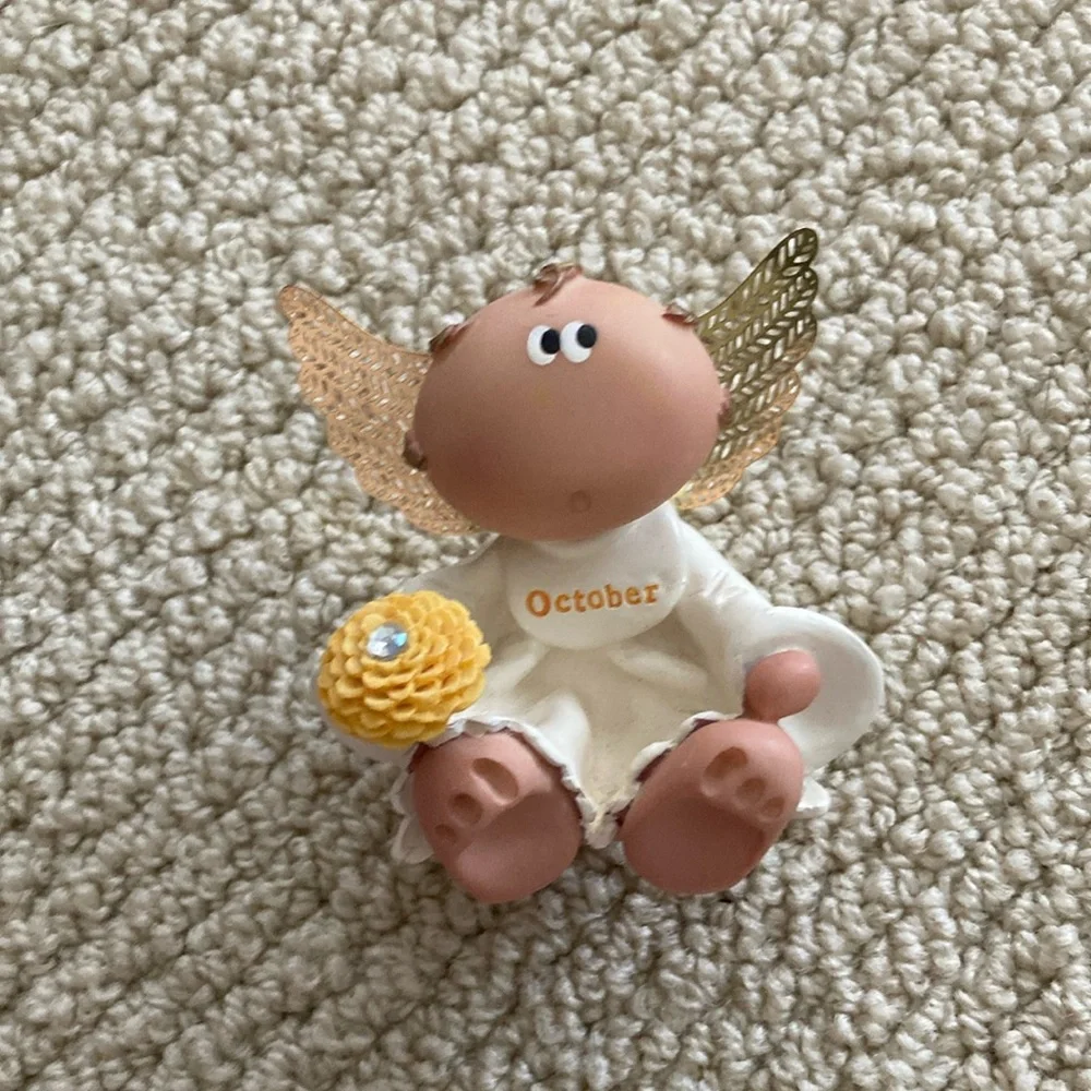 October Angel Figurine with Gold Wings Collectible Month Libra Cream Yellow